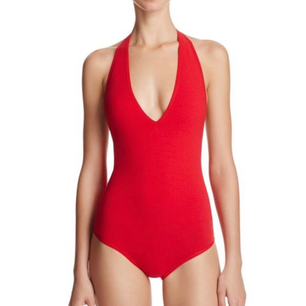 American Apparel Red Halter Bodysuit Cotton V Neck Open Back